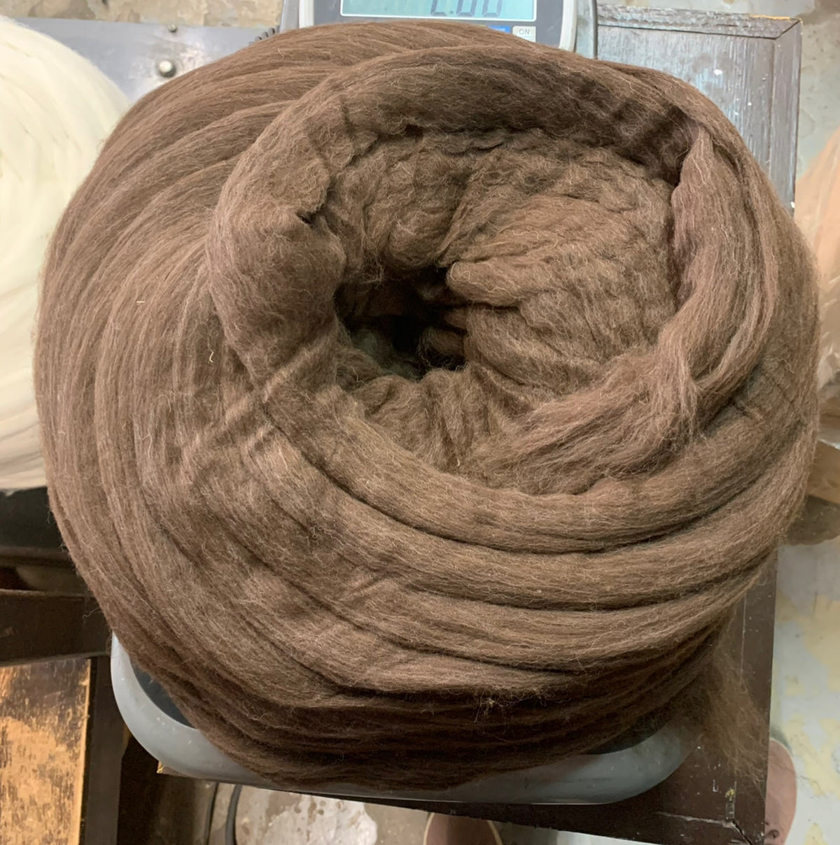 Close view of natural brown Merino Comeback wool top fiber