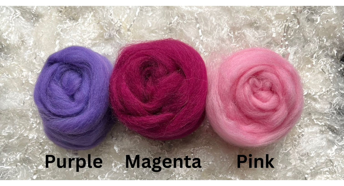 Magenta dyed Corriedale wool top roving, third view