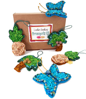 ornaments, holiday decor, hand-dyed, fabric strips, locker hooking, craft kit, holiday kit, coconut tree, pineapple, blue butterfly