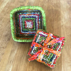 Locker Hooked Basket and set of coasters in autumn colored fabric strips on 3.75 Mesh Canvas.