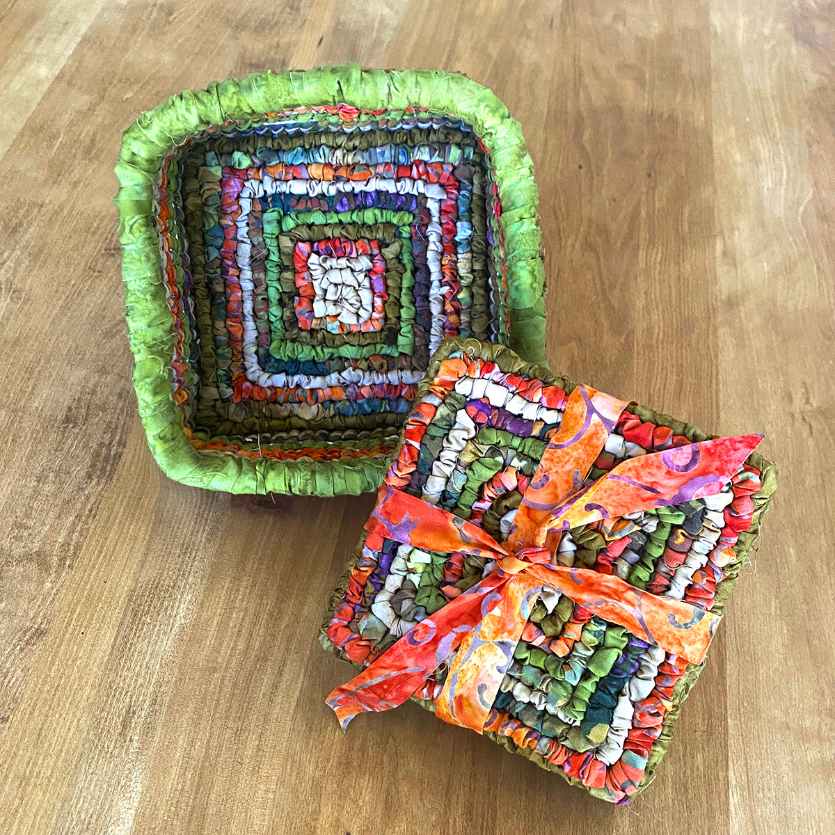 Locker Hooked Basket and set of coasters in autumn colored fabric strips on 3.75 Mesh Canvas.