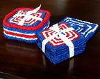 locker hooked basket and coasters in red, white, and blue hand-dyed fabric strips on 3.75 mesh canvas.