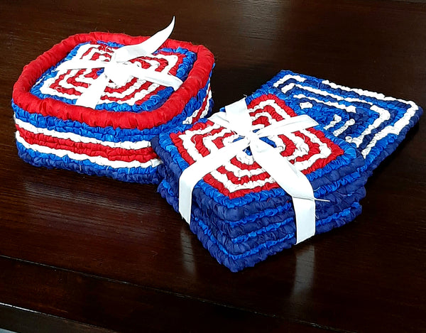 locker hooked basket and coasters in red, white, and blue hand-dyed fabric strips on 3.75 mesh canvas.