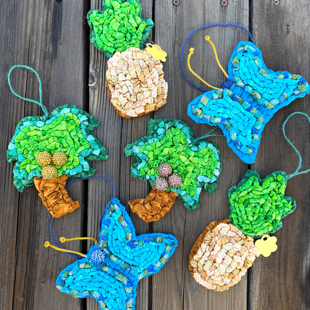 ornaments kit, holiday, locker hooking, craft kit, butterfly, pineapple, coconut tree, fabric strips