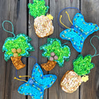 ornaments kit, holiday, locker hooking, craft kit, butterfly, pineapple, coconut tree, fabric strips