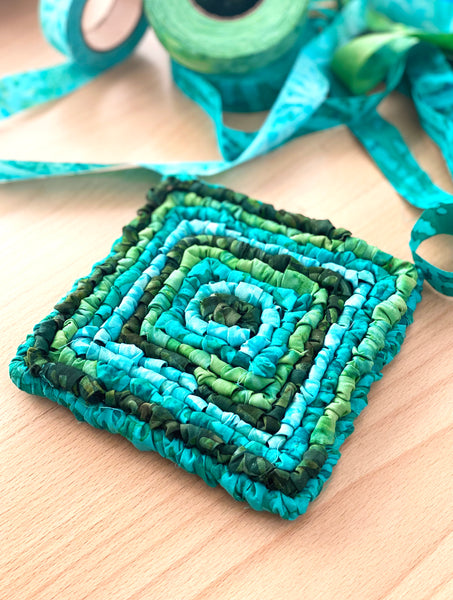 locker hook, locker hooking, fabric strips, coaster, hand dyed, cotton, 